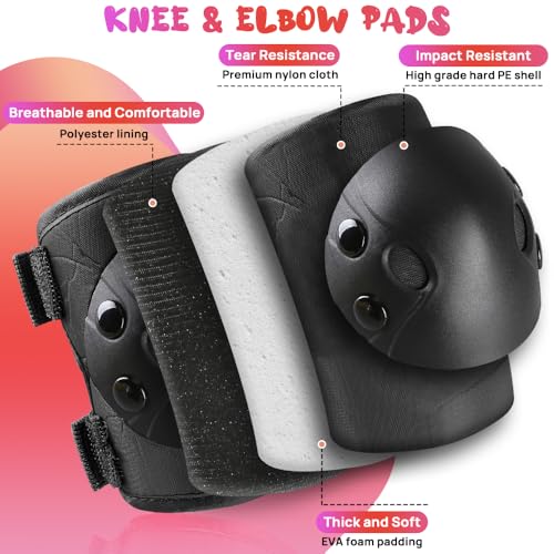Kids Protective Gear Set - Knee Pads, Elbow Pads & Wrist Guards - Black, Medium