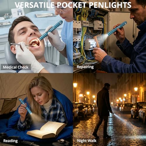 GRENPRO Blue LED Pen Light 4 Pack with Batteries - Mini Aluminum Flashlights for Inspection, Nurses, Everyday Carry