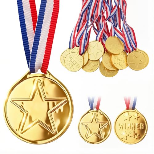 12-Pack Gold Award Medals for Kids with Ribbons - Party Favors
