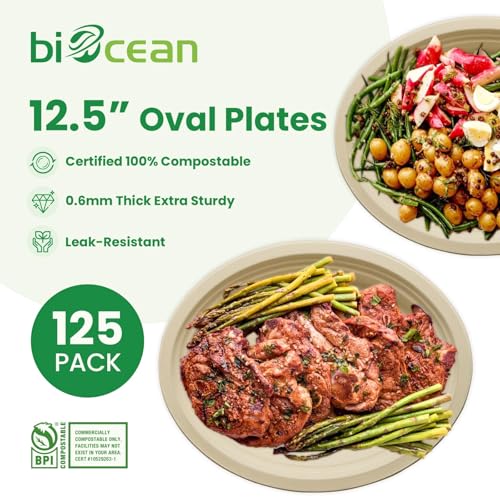 Biocean 12.5 Inch Compostable Oval Plates 125-Pack Natural Sugarcane Bagasse Eco-Friendly