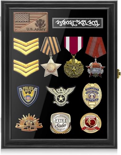 15.4x11.2 Inch Solid Pine Wood Military Pin & Badge Shadow Box Display Case with UV Acrylic, Lockable Wall Mount