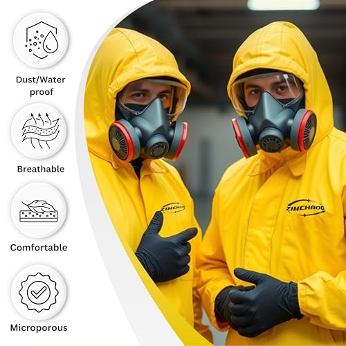 Yellow Coverall Chemical Suit With Reusable Acid Resistant Gloves And Plastic Waterproof Shoe Cover