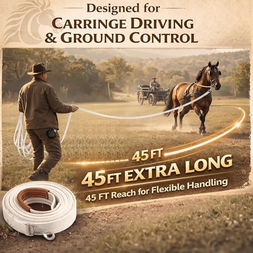 45 Ft Nylon Horse Driving Lines with Leather Wrapped Handle, Solid Brass Trigger Snaps — 2 Pack, White