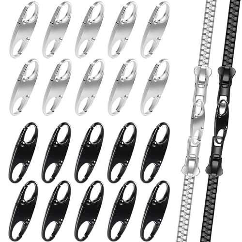 Anti-Theft Zipper Clips - Double Opening Carabiner, Set of 20 - Black & Silver