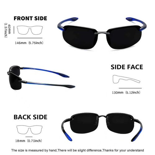 WISTON Sports Polarized Sunglasses for Men Women Tr90 Rimless Frame for Running Fishing Baseball Driving W8001 Blue Frame/Dark Black Lens
