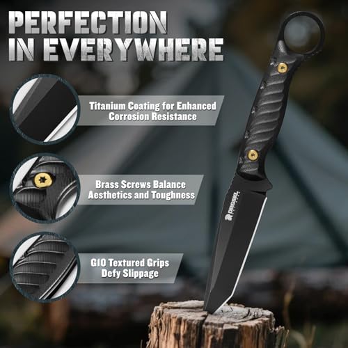 DRGSKL Fixed Blade Camping Knife with Sheath - Black, Full Tang, G10 Handle
