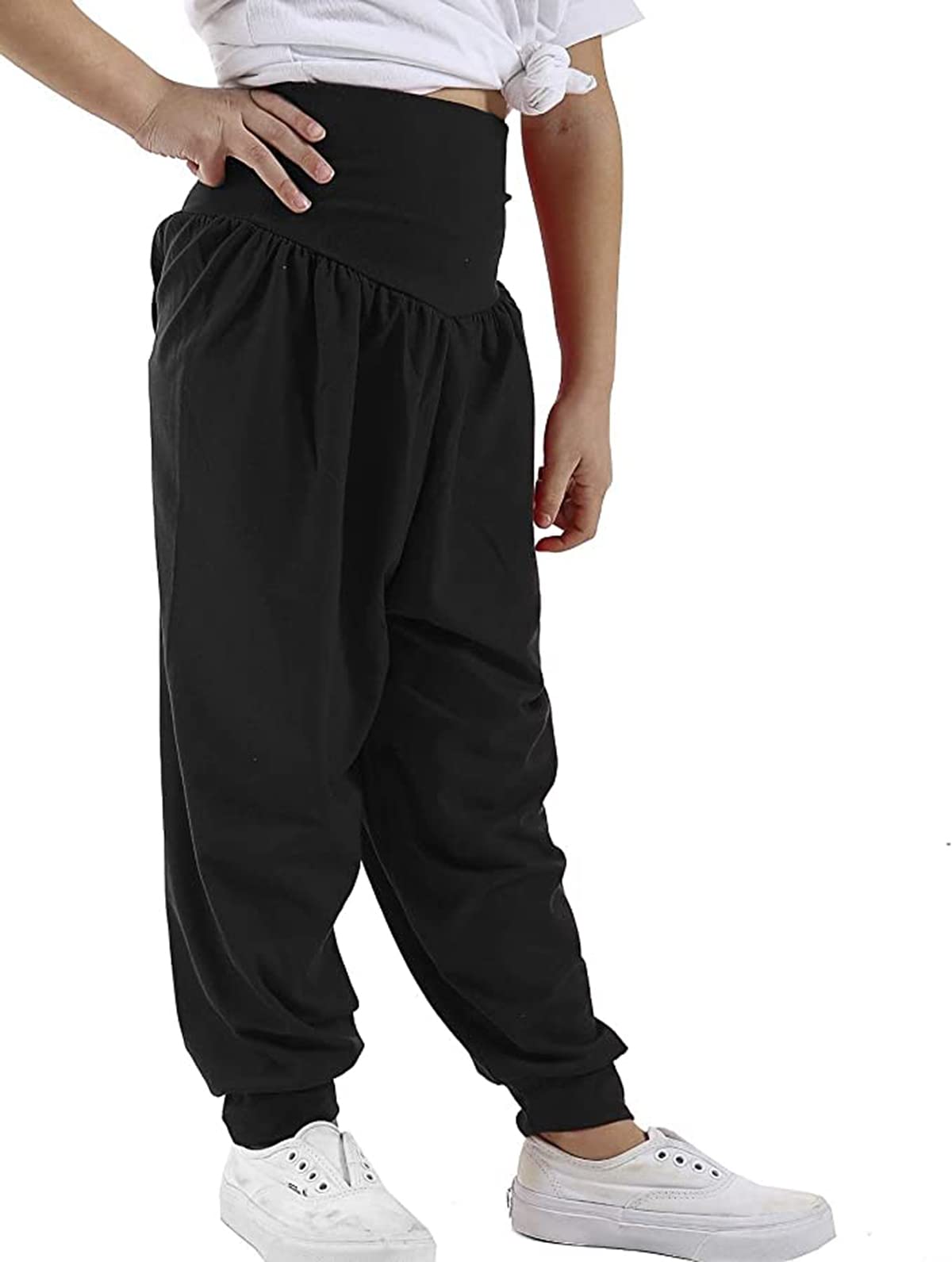 Loxdonz Kids Harem Loose Casual Baggy Sports Dancing Pants Girls Harem Children Trouser, 9 Years, 10 Years, Black