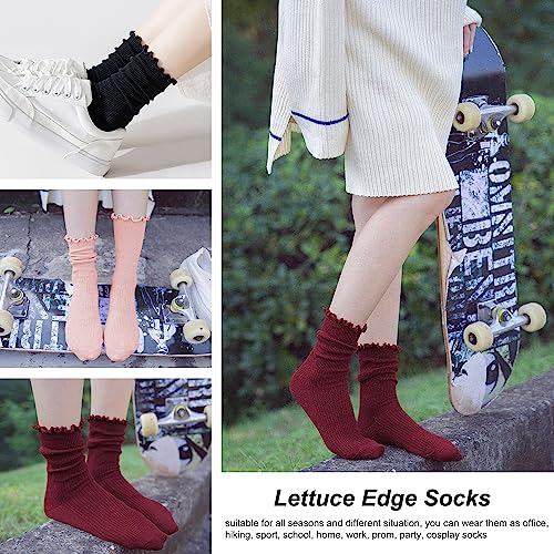 Women's Cotton Crew Socks with Ruffle Turn-Cuff - Wine Red
