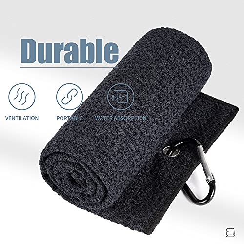 Tri-fold Golf Towel - 16" x 24" Microfiber with Carabiner Clip - Black