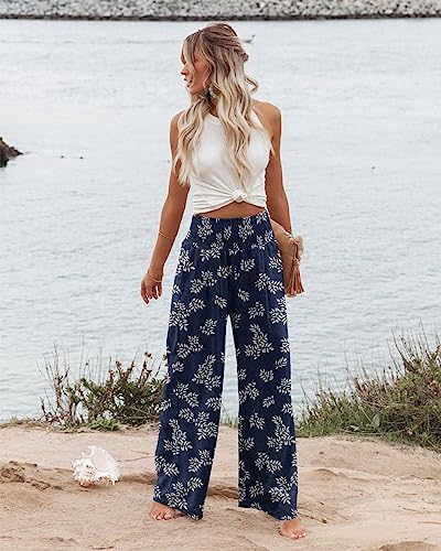 Angerella Women's High Waist Palazzo Pants Medium Dbluewhite Lounge Trousers