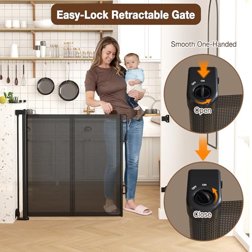 Upgraded 59'' Wide Retractable Baby Gates for Stairs with Reinforced Strip, Mesh Saftey Gate for Pets, Prevent Crawling Dog Gate fot Doorways, No Drilling, Indoor & Outdoor Use, 34'' Tall