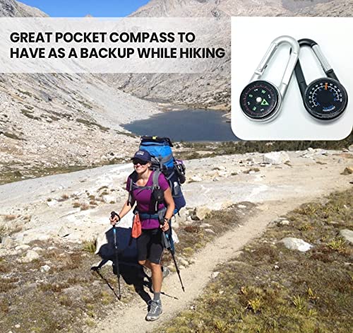 Compact Carabiner Clip Compass Keychain - 2 Pack Black & White