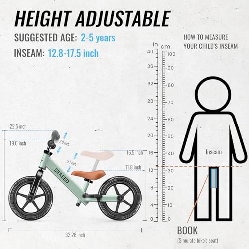 SEREED Mint Green Toddler Balance Bike for 2-5 Year Olds Adjustable Kids Bike Toy