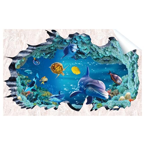 3D Under The Sea Wall Decals, Removable Ocean Theme Peel and Stick Wall Art with Dolphin Turtle Seaweed for Broken Wall Effect, Waterproof DIY Decor for Boys Bedroom, Kids Room, Bathroom, Living Room
