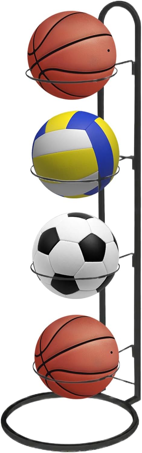 Skiennix 4-Tier Ball Storage Rack - Heavy-Duty Carbon Steel Holder for Basketball & Football | Nail-Free Design