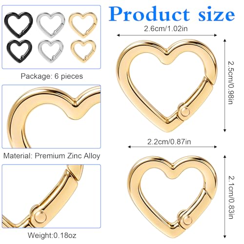 Heart Carabiner Keychain Clips - 6 Piece Set, Zinc Alloy Key Hook
