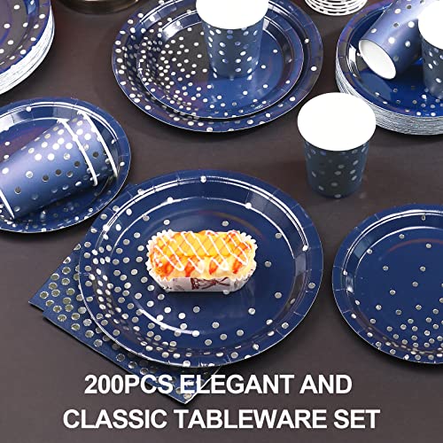 Navy Blue and Silver Party Plates Set 200pcs - Disposable Dinnerware for 50 Guests