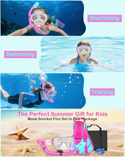 Purple Kids Snorkel Set with Mask Fins & Mesh Bag - Ages 5-14, Adjustable Fins & Dry Top Snorkel