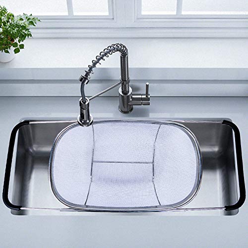 Over the Sink Colander Stainless Steel with Expandable Rubber Handles, Fine Mesh Strainer for Fruits & Vegetables
