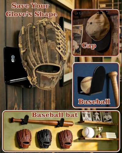 2Pcs Black Baseball & Softball Glove Wall Mount Display Holders - Keeps Glove Shape