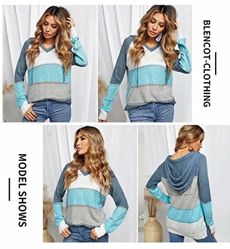 BLENCOT Blue Medium Striped Crochet Fall Sweater Hoodie for Women