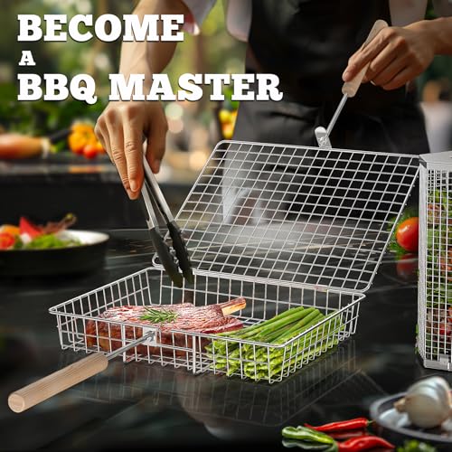 Grill Basket Set 304 Stainless Steel, Removable Wood Handles | Outdoor BBQ & Camping