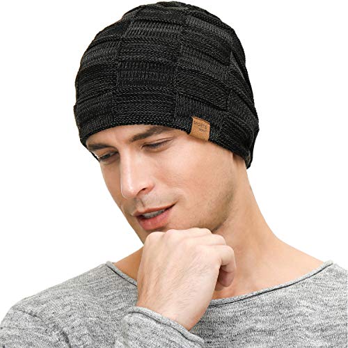 Warm Slouchy Beanie Hat for Men - Black Knit Winter Cap
