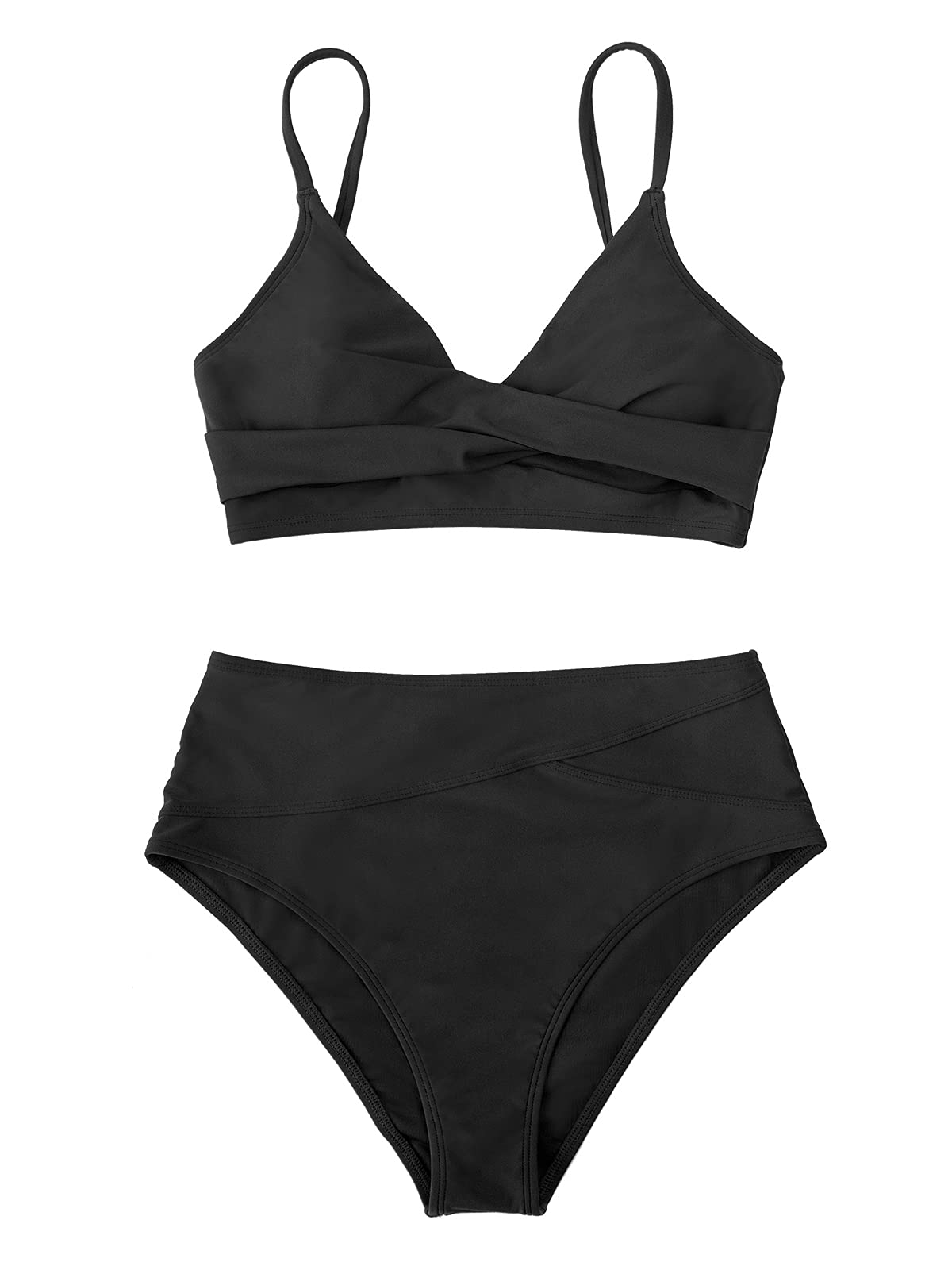 CUPSHE Women's Bikini Sets Two Piece Swimsuit High Waisted V Neck Twist Front Adjustable Spaghetti Straps Bathing Suit, M Black