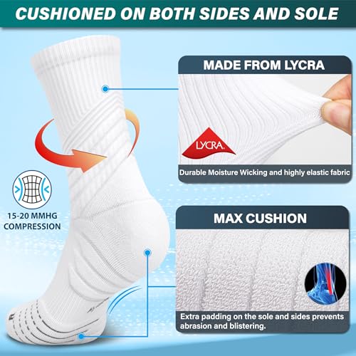 Hylaea Unisex Crew Socks - Large White 3 Pairs Running Athletic Compression