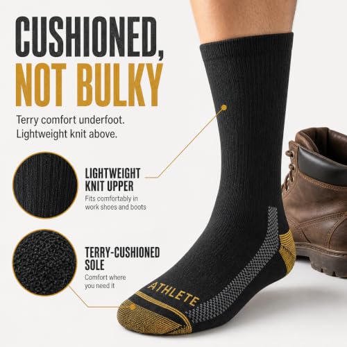 Men's Athletic Crew Socks - Light Cushion Work Socks, Large, Black/Gold (5 Pairs)