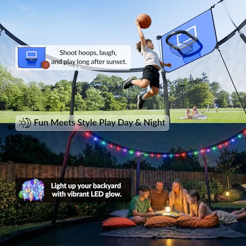 14FT Outdoor Trampoline with Net, Basketball Hoop & LED Lights - Blue