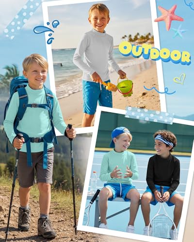 Boys Rash Guard Swim Shirts - 3 Pack, 13-14 Years - Black, Mint Green, Light Gray