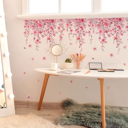Cherry Blossom Flower Vine Wall Decal Peel and Stick Removable Floral Wall Art for Girls Bedroom Nursery Living Room Decor with Hanging Vines Blossoms