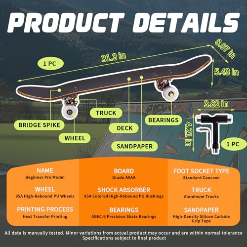 vigvitspo 31 inch Complete Skateboard in Gray – 9-Layer Maple Deck, 97A PU Wheels, Fully Assembled for Beginners