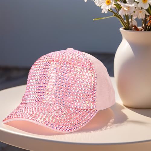 JIANGLAI Pink Bling Rhinestone Baseball Cap with Ponytail Hole - Adjustable Sun Hat for Women & Men