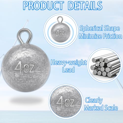 1oz Fishing Round Cannonball Lead Weights - 5 Pcs Assortment