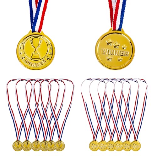 24 Pack Gold Plastic Winner Medals - 1.38 Inch with Neck Ribbon