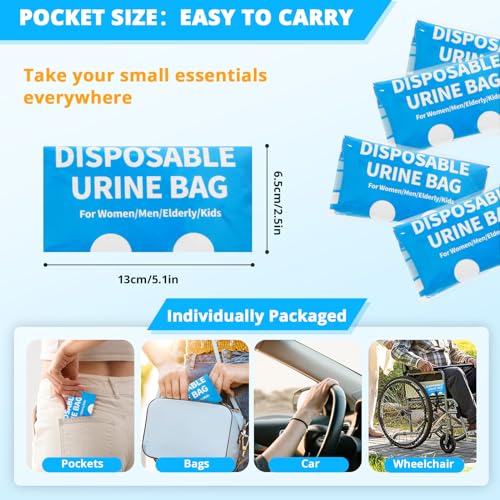 900ML Disposable Urine Bags - Travel Pee Bags for Emergency Use (6-Pack, Blue)