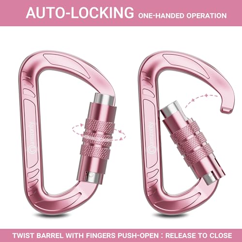 Amzonly Auto Locking Pink 3-Inch Heavy Duty Carabiner Clips 12KN/2697lbs for Camping Hiking Hammocks & Keys