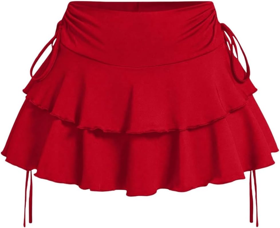 Skiennix Women's Y2K Mini Ruffle Skirt - Cute Tiered Design with Elastic Waist & Drawstring Bow Tie