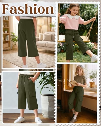 Girls Cargo Capri Pants with Pockets - Adjustable Waistband