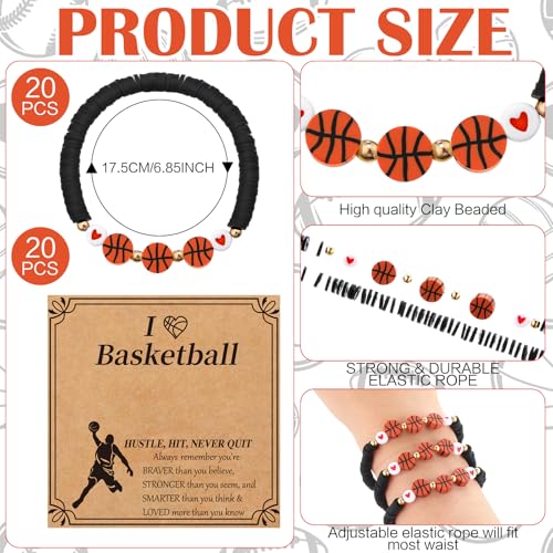Basketball Bracelets Gift Set - 20 Bead Bracelets with Inspirational Cards - Black