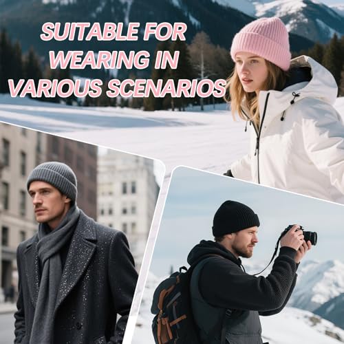 Winter Knitted Beanie Hat - Soft, Elastic, One Size - Black + Pink