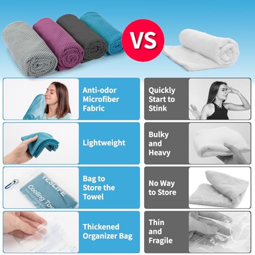 4-Pack Cooling Towels with Neck Wraps - 40x12 Inches, Reusable Ice Towels in Blue, Grey, Purple, Black