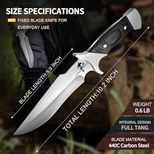 Purple Dragon 5.8 Inch Camping Fixed Blade Knife with Sheath - Full Tang 440C Steel, Redwood Handle, Outdoor Gear