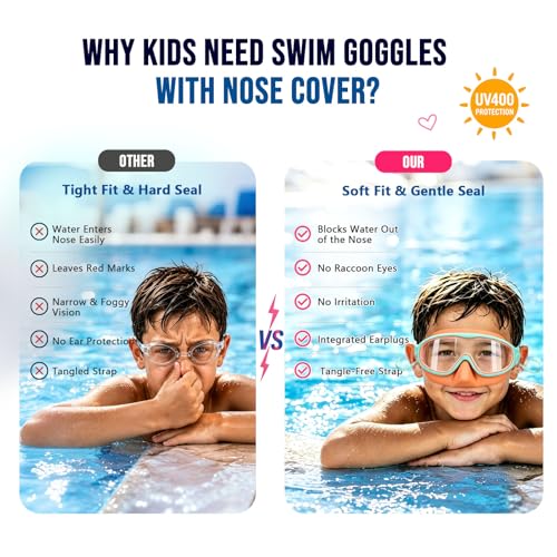 Kids Swim Goggles with Anti-Fog & Nose Cover - NIESTVUA, Pink/Green & Orange/Green