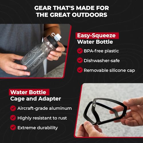 Bike Water Bottle Holder Combo - 20 Oz Squeeze Bottle & Mount Cage Rack - Anodized Black