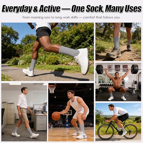RienQuUne Men's Grey Cushioned Crew Socks 9-14 | Comfort Cotton Odor Control