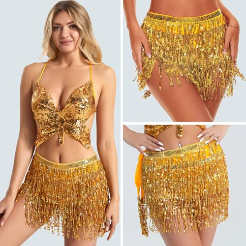Gold Sequin Tassel Wrap Skirt for Belly Dance & Festivals