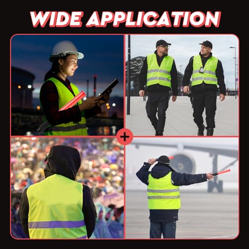 Kanayu 8 Pcs 16 Inch Signal Traffic Wand High Visibility Safety Vest Set Include 4 Reflective Safety Vest 4 Traffic Control Light Security Wands for Airport Parking(Neon Green)